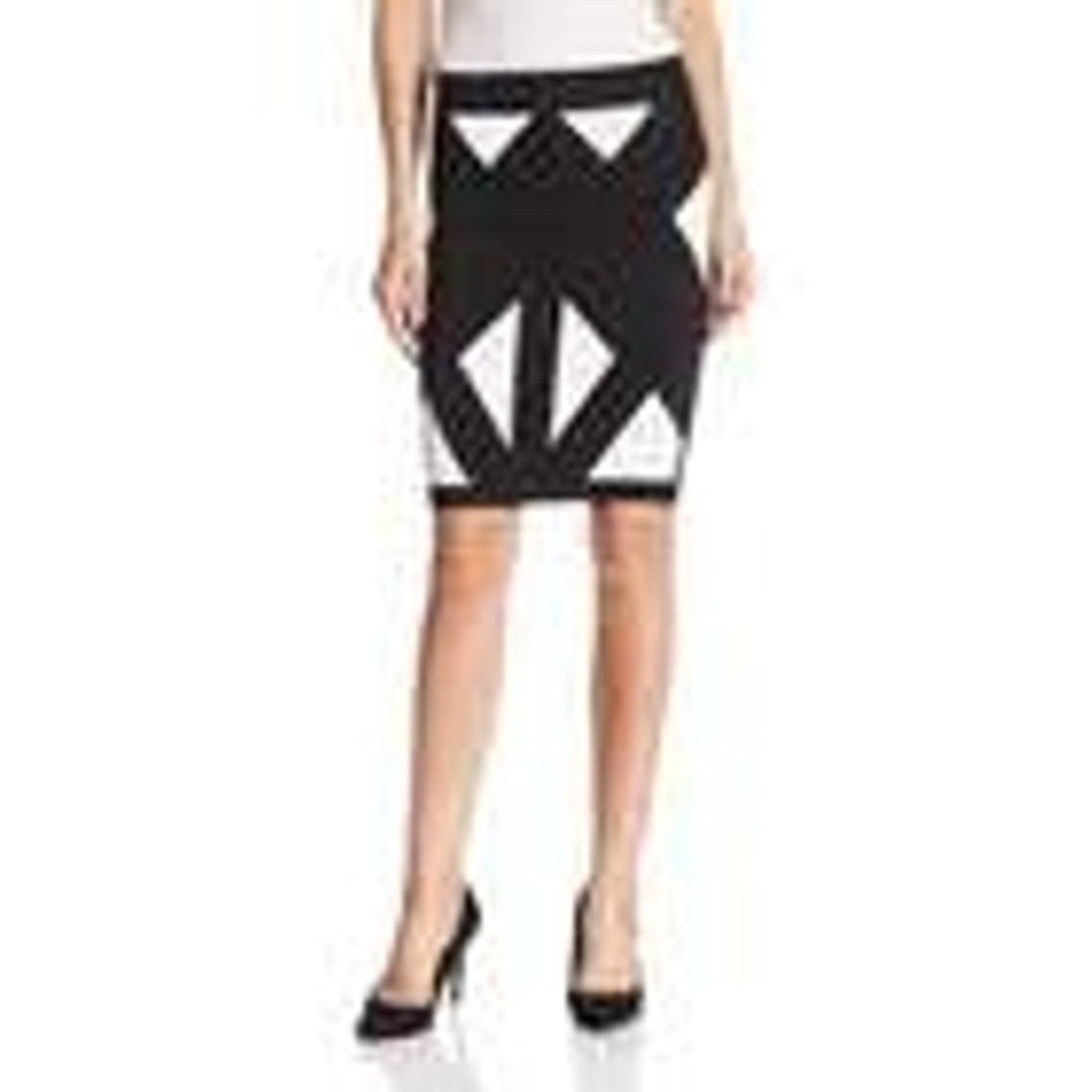 BCBGMAXAZRIA Bandage Skirt Women XS Black White Geometric Intarsia Knit Mini